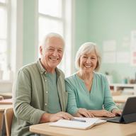 Smaidīgs seniors pāris gaišā mācību telpā pēc e-pasta drošības nodarbības