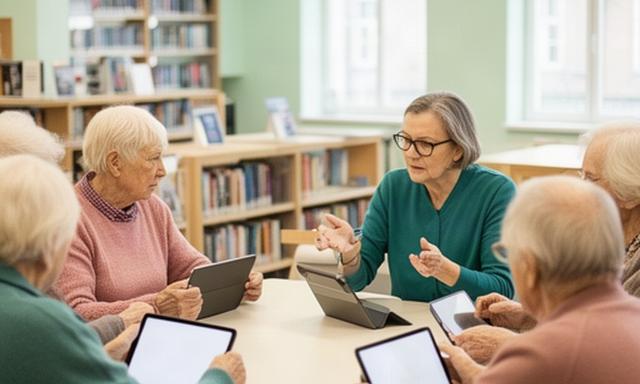 Digitālās drošības pasniedzēji Rīgas bibliotēkā vada senioru praktisku nodarbību