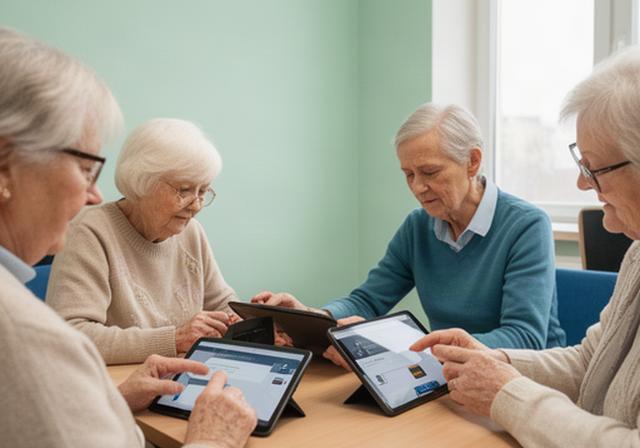 Seniori nelielā mācību telpā Rīgā praktiski apgūst internetbankas drošību planšetēs