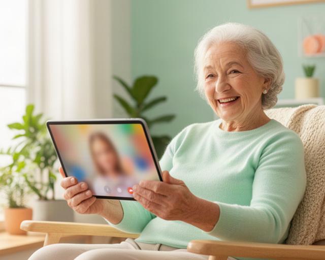 Smaidīga seniore gaišā viesistabā videozvanā sarunājas ar mazmeitu, turot rokās planšeti